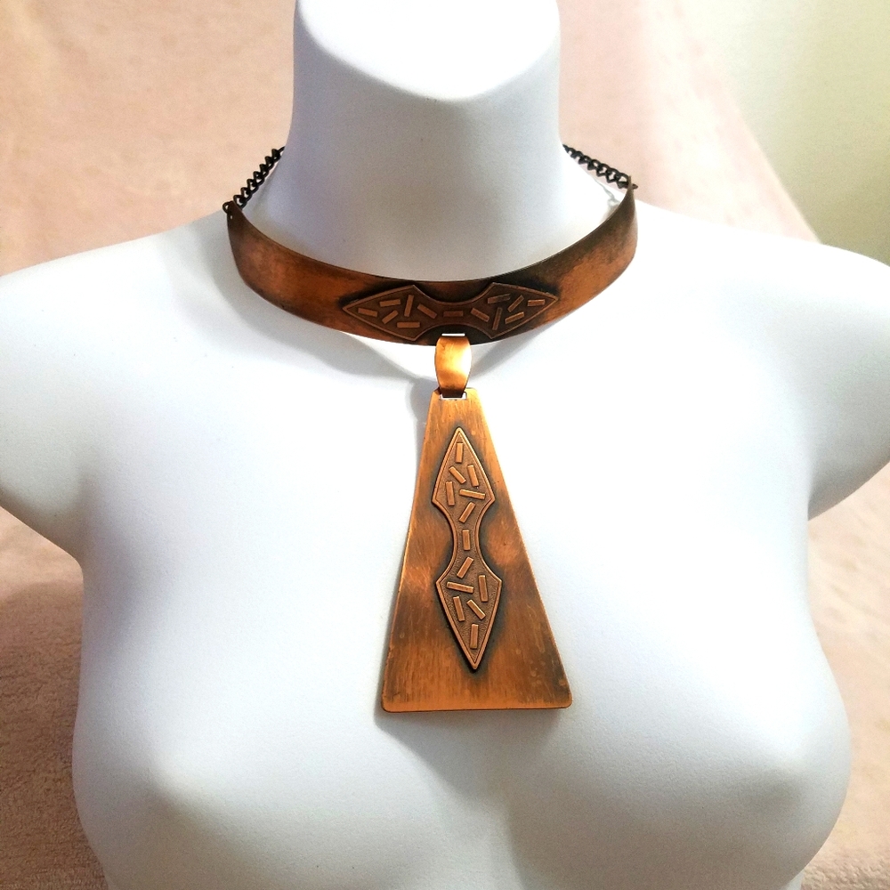 Vintage Copper Ethnic Bold Brutalist Statement Necklace
